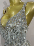 Luxury Sparkly Rhinestone Sequins Tassel Mesh Bodysuits Women Celebrate Eveing Birthday Party Nightclub Bar Dencer Stage Costume
