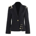 Chic Spliced Metal Pin Slimming Blazer for Women Notched Collar Long Sleeve Patchwork Mesh Hollow Out Fashion Jacket Female