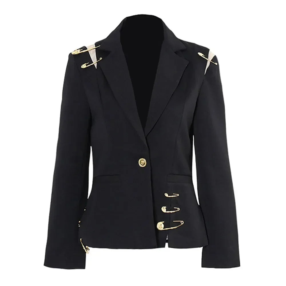 Chic Spliced Metal Pin Slimming Blazer for Women Notched Collar Long Sleeve Patchwork Mesh Hollow Out Fashion Jacket Female