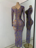 Sexy Colorful Printed Party Dress For Women Long Sleeve Mesh Rhinestones Evening Birthday Celebrity Gala Gown