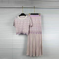 Elegant Two Piece Set For Women Multi Color Hollow Wave Knit Short Sleeve Crew Neck Scallop Hem Maxi Skirt For Daily Commute