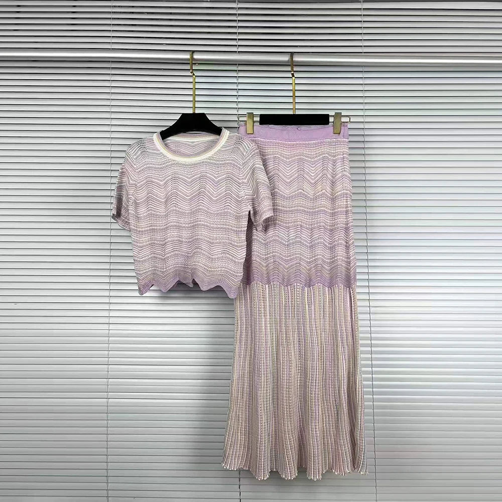 Elegant Two Piece Set For Women Multi Color Hollow Wave Knit Short Sleeve Crew Neck Scallop Hem Maxi Skirt For Daily Commute