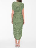 Elegant Spliced Shawl Long Dress for Women Sleeveless High Waist Patchwork Folds Dresses Female New