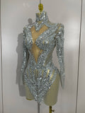 Sparkly Rhinestones Sexy Mesh Transparent Mini Dress Eveing Birthday Party Dance Nightclub Fashion Show Stage Costumes