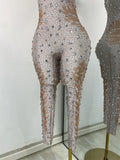 Women Sexy Spandex Rhinestones Sleeveless Tight Jumpsuit Celebrate Birthday Evening Club Rompers Photo Shoot Wear