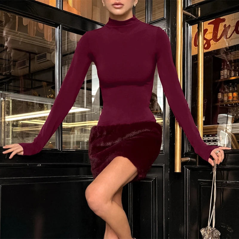 Women's Sexy Lace Patchwork Faux Fur Mini Dress Elegant Turtleneck Long-sleeve Hip Package Slim Dress Lady 2026 Chic Streetwear