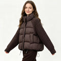 Women Cropped Puffer Jacket Stand Collar Cable Knit Sleeves Patchwork Zip Up Lightweight 2026 Lady Quilted Winter Warm Outerwear