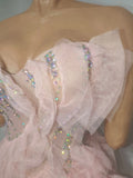 Sparkly Diamond Strapless Mesh Ruffled Pink Long Dress Birthday Evening Party PhotoShoot See Through Bar Nightclub Stage Costume