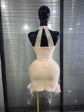 Khaki Women Sexy Halter Off the Shoulder Shining Beading Rhinestones Bodycon Mini Bandage Dress Feathers Elegant Evening W