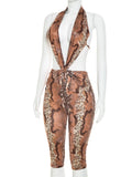 Sexy Backless Playsuit Woman Summer Trend Serpentine Print Halter Low-Neck Skinny Stretch Midnight Club Party Rompers