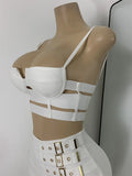 White Two Pieces Dress Set Women Sexy Square Collar Sleeveless Design Crop Top Short Skirt Suit Nightclub Birthday Clothing