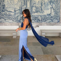 Brown Glitter Chiffon Tiered Maxi Dress Elegant One Shoulder Square Neck Flowy dresses 2026 Summer Formal Wedding  Party gowns