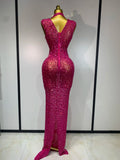 Sparkly Gold Rhinestone Sleeveless Stretch Long Dress Women Sexy Mesh Celebrate Evening Prom Birthday Dress Photo Shoot Wear