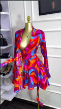Women Tie Dye Print Flare Long Sleeve Wrap V-neck with Sashes Ruffle Dress 2026 Elegant Vacation Party Birthday Dresses