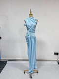 Patchwork Shawl Bodycon Party Maxi Dresses for Women O Neck Short Sleeve High Waist Evening Temperament Folds Dress Female