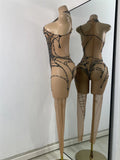 High Street Mesh Spider Web Tight Jumpsuit Performance Dance Costume Luxury Rhinestones Nightclub Bar Stage Leotard