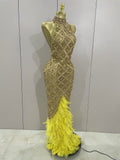 Luxury Sparkly Red Rhinestones Feather Sexy Mesh See Through Long Dress Women Birthday Evening Nightclub DJ Dancer Stage Costume
