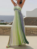 Colorblock Striped Holiday Long Dresses for Women Halter Sleeveless Slimming High Waist Backless Temperament Dress Female