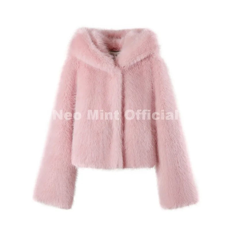 Trendy 2026 Winter Chocolate Brown Fashion Faux Fox Fur Jacket Coat Women Chic Girls Street Hooded Furry Short Overcoat