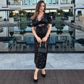 Sexy Hollow Lace Dress Women's Fashion Short Sleeve Elegant High Waist Slim Print Dress Summer Party Club Clothes Female