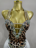 Women Sexy Sparkly Rhinestones Leopard Print Tassel Bodysuit 2026 New Evening Party Birthday Nightclub Performance Stage Costume