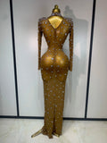 Women Sparkly Diamonds Mesh See Through Bodycon Dress Evening Birthday Party Sexy Nightclub Bar Stage Costume