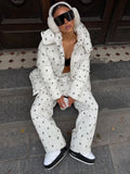 Women Floral Print Hooded Puffer Snow Suit Two Piece Outfit Thick Warm Winter Windproof Ski Jacket Wide Leg Pants Set Outdoor
