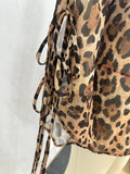 Sexy Chiffon Leopard Printing Dress for Women V Neck Long Sleeve Patchwork Lace Up Split Evening Club Maxi Dresses