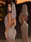 Mesh Hooded Dress Women Halter Swing Collar Backless Ruched Peach Hip 2026 New Vacation Sexy Elegant Hottie Bodycon
