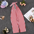 Stripe Print Playsuit Women Sleeveless Backless Halter Bandage Skinny Sexy Clubwear Activity Fitness Workout Romper
