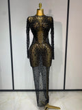 Luxury Rhinestones Mesh Bodycon Long Dress Celebrate Birthday Party Photo Shoot Long Sleeve Performance Costume Stage Outfit