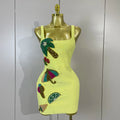 Women Sexy Square Neck Sleeveless Bodycon Bandage Mini Dress Luxury Beaded Tropical Fruit Eveing Party Vacation NightClub Outfit