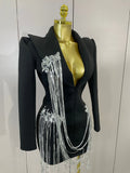 Sexy Sparkly Tassels Chains Black Suit Mini Dress Women Eveing Party Birthday Prom Nightclub Singer Performance Stage Costume