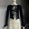 New Fungus Long Sleeve Knitted Cardigan Female Contrast Color Splice Short Top Lace Up Bodycon Sweater Cardigan Lady