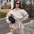 Women's 2 Piece Fashion Lapel Zip Jacket Pleated Shorts Suit Vintage Streetwear New Party  Autumn Female Short Sets