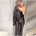 Women's Brown Faux Leather Pants Set Fashion Lapel Single Breasted Cropped Jacket Wide Leg Trouser Lady Autumn Chic Outfits
