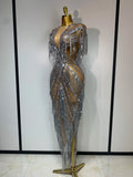 Luxury Sparkly Diamonds Tassels Sexy Mesh See Through Dress Women Evening Birthday Party Nightclub Bar Singer Stage Costumes
