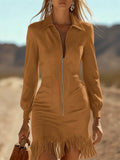 SHENGPALAE Women Dress Mini Long Sleeve Faux Suede Fringe Western Slim Zip Pocket Autumn 2026 New 05E03783