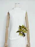 Sexy Stand Collar Flowers Pleated Patchwork Long Dress Women Sleeveless Folds Slim Elegant Dresses Evening Party Gowns