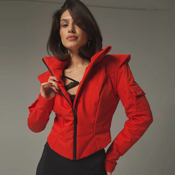 Street Women's Waist Cinched Padded Coats Shoulder Pads Stand Collar Zipper Full Sleeve Cotton Coat 2026 Winter Warm Jacket