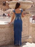 Women Sleeveless Sexy Square Collar Tassel Diamonds Bodycon Bandage Dress Elegant Evening Party High Quality Dress