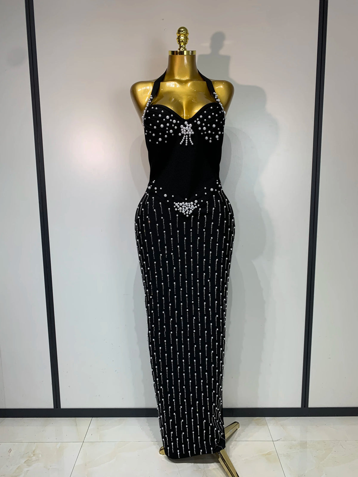 Women Sexy Black Sleeveless Backless Beading Bodycon Long Bandage Dress Evening Party Birthday Dress Elegant Knitted Vestidos i