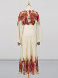 Vintage Loose Two Piece Set for Women V Neck Puff Sleeve Spliced Lace Up Top High Waist Fold Printing Skirt Suit Female New
