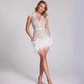 2026 Women's Luxury Rhinestone Feather Sequin Embroidered White Mesh Dress Glam Fashion Celebrity Party Evening Performance Gown