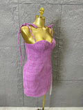 High Quality Women Sexy Strap Purple Cotton Bodycon Mini Dress Diamond Chain Fashion Celebrate Cute Birthday Dress