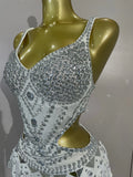 Sparkly Silver Rhinestones Tassels White Bodysuit Dress Women Sexy Eveing Party Dancer Nightclub Stage Team Performance Costume
