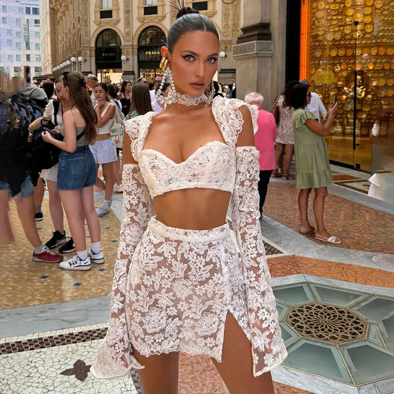 Sexy Lace Hollow Out Skirt Sets Women Crop Flare Sleeve Tops See Through Hip Package Mini Skirts 2026 Summer Lady Party Outfits