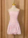 Chic Birthday Party Pink Pleates Ruffled Mini Dress for Women Strapless Design Shiny Fabric with Smock for Stylish Outings