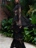 Retro Luxurious Wedding Dress for Women Stand Collar Flare Sleeve Spliced Ruffles Irregular Hem Party Long Dresses Female