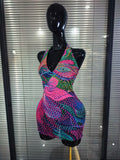 Sparkly Colorful Rhinestones Women Sexy Halter Backless Off the Shoulder Mesh Bodycon Mini Dress Celebrate Nightclub Party Wear